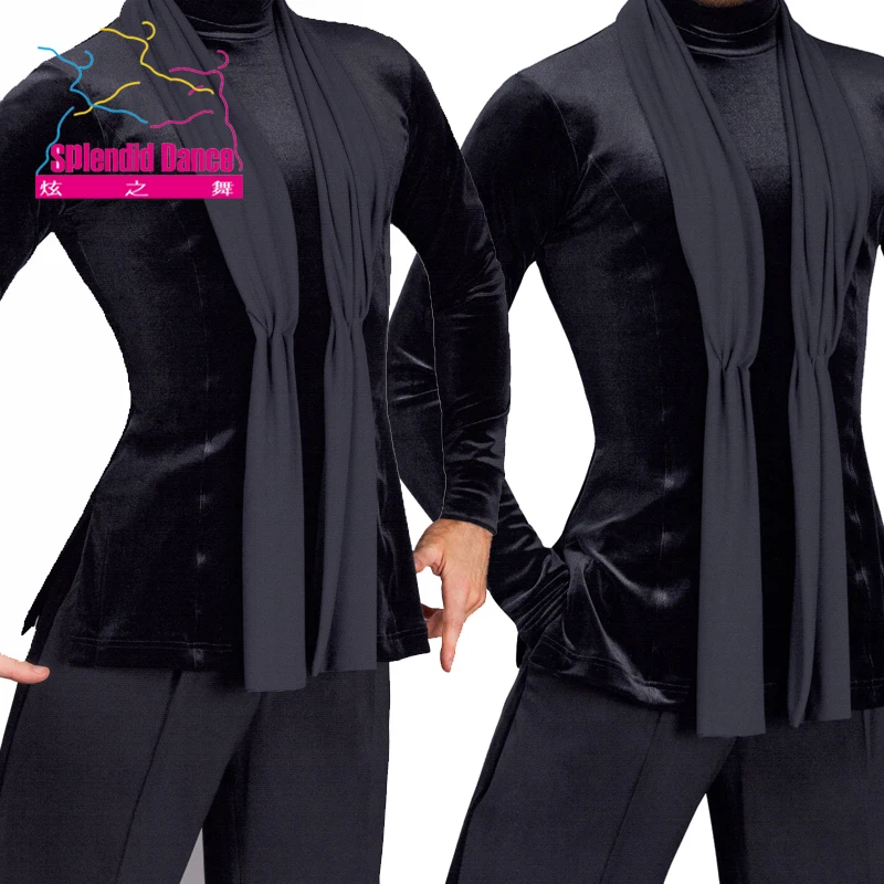 Aangepaste Fantasia Latin Dance Tops Zwart Lange Mouw hoge kwaliteit stretch Shirt Nieuwe Mannen Ballroom Competitieve Shirts