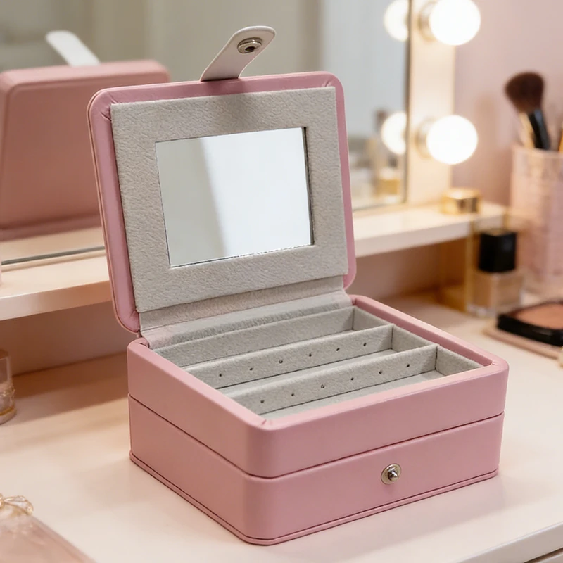 

Портативная коробка для хранения ювелирных изделий, 4 цвета, двухслойная, для серег, ожерелий, колец, браслетов, косметики, для путешествий и дома, 1 шт.