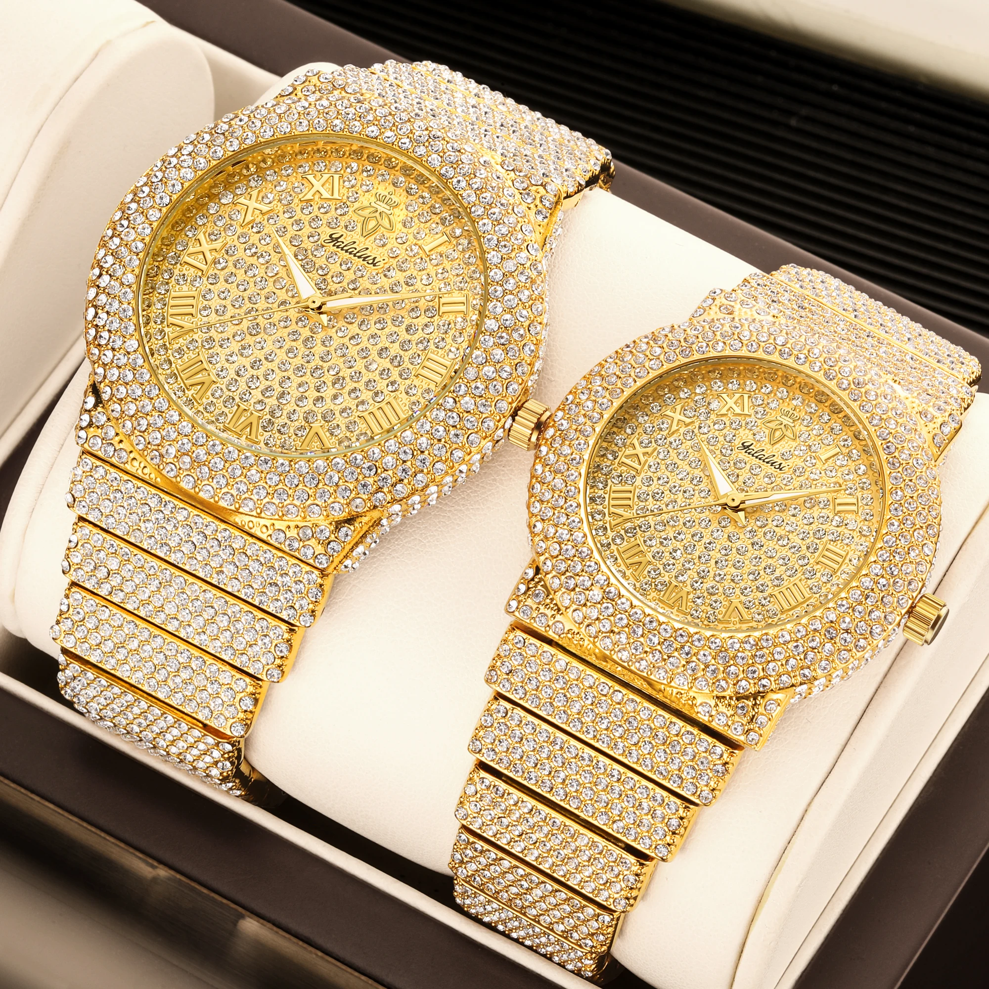 YaLaLuSi brand fashion dazzling couple quartz watch simple retro round dial new luxury gold watch gift box couples gift