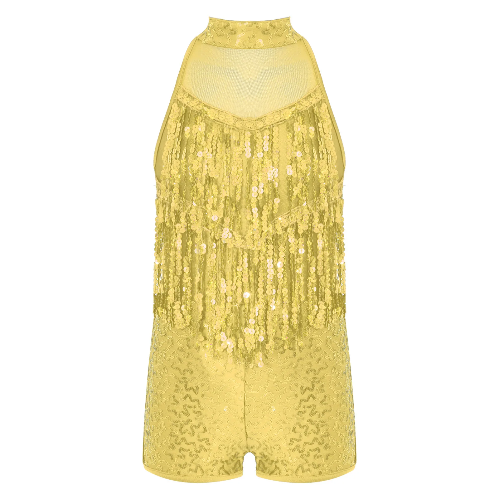 

Kids Girls Shiny Sequins Tassel Latin Salsa Dancing Shorty Bodysuit Crisscross Straps Hollow Back Jazz Dance Fringe Leotards