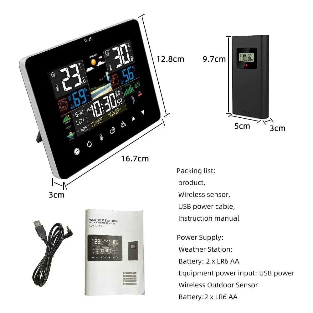 Multifunction Weather Station Alarm Clock Thermometer Hygrometer Touch Screen Wireless Sensor Sunrise Sunset Hygrothermograph