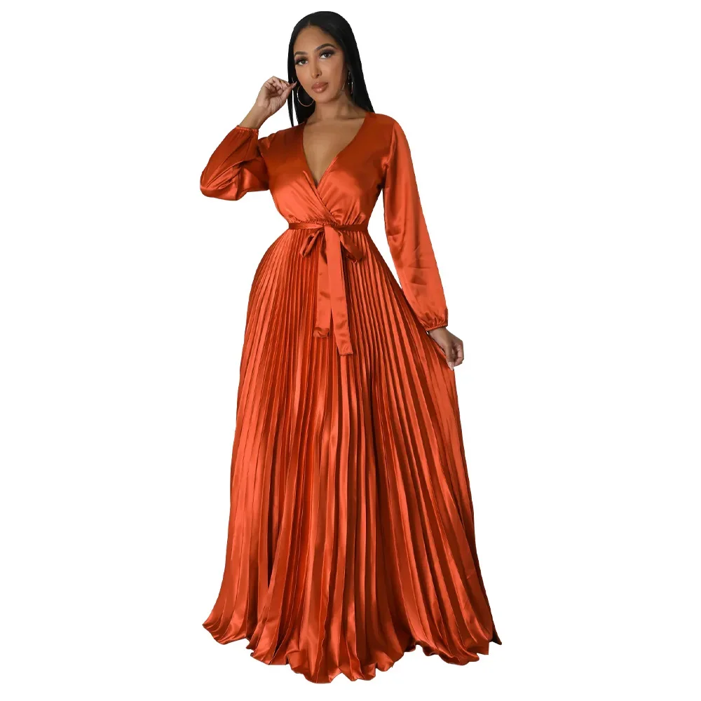 Autumn Party Elegant Imitation Silk Women Long Sleeve Maxi Dress Fashion Solid Color Bodycon Party Dress Sexy V Neck Long Dress