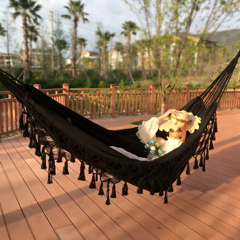 Double Hammock Portable Cotton Hammock for Patio Backyard Porch for Outdoor/Indoor Hammock Handmade Tassels