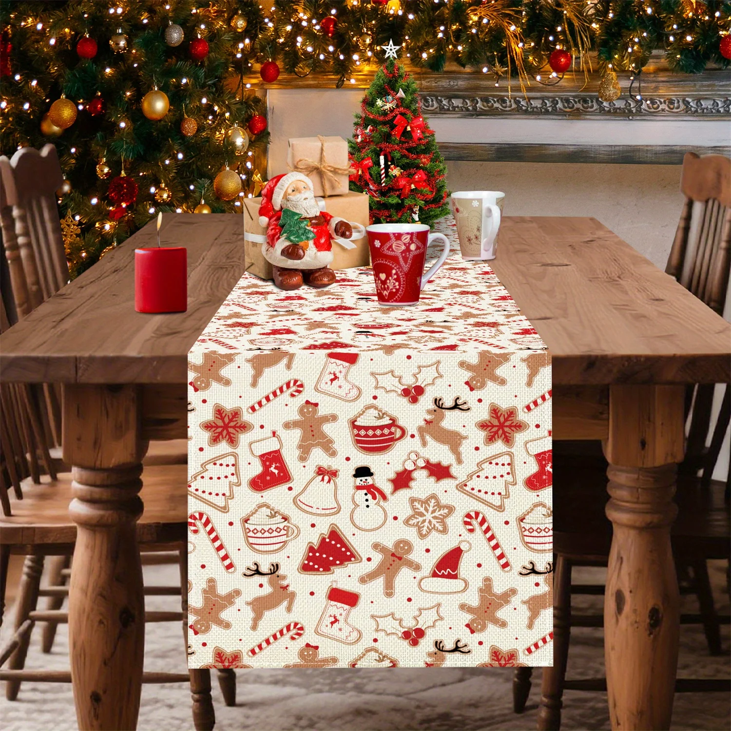 Christmas Table Runner | Playful Snowman Gingerbread Deer Snowflake High-Quality Kitchen Dining Party Decor