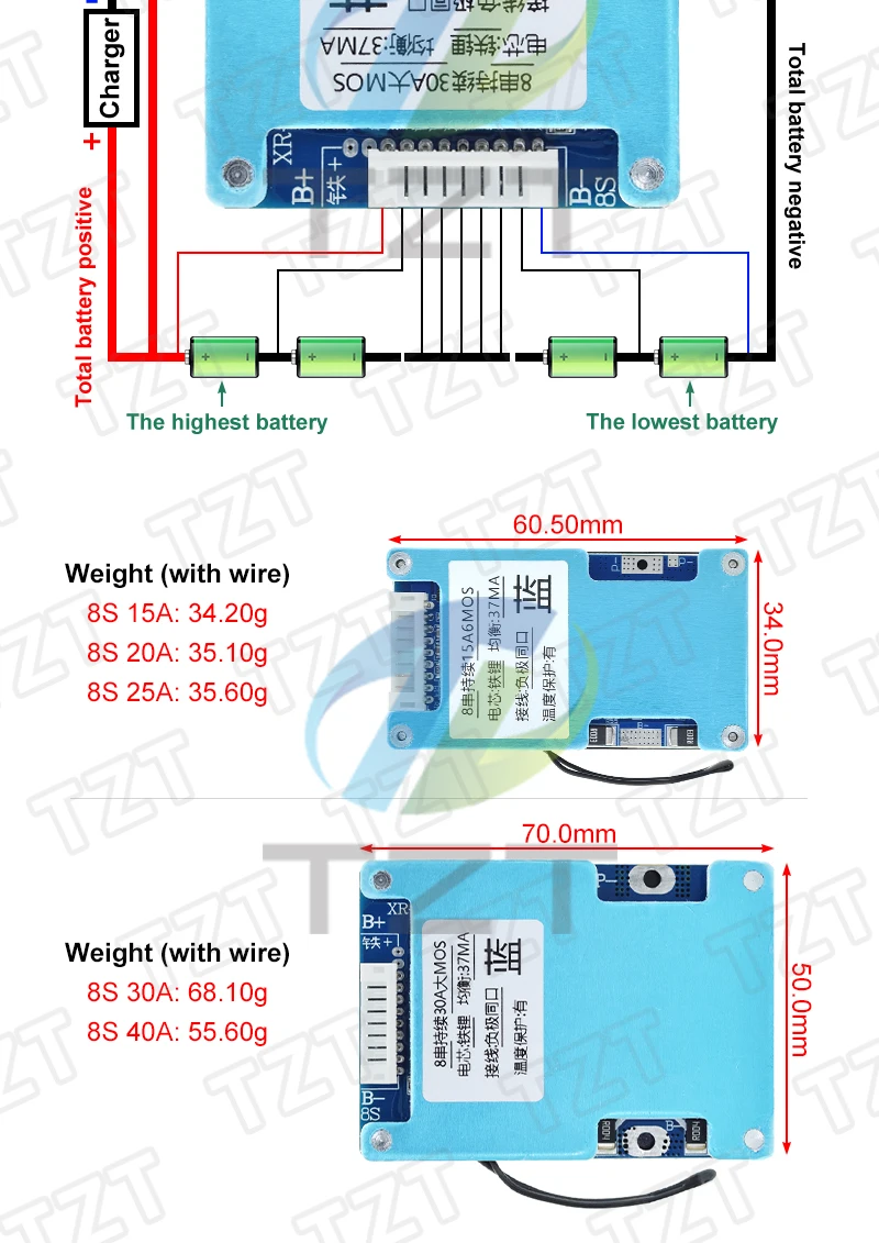 TZT BMS 8S 24V 15A 20A 25A 30A 40A LiFePo4 Batterie-Ladeschutzplatine mit Balancing und NTC-Temperaturschutz (gemeinsam) – Detail 3