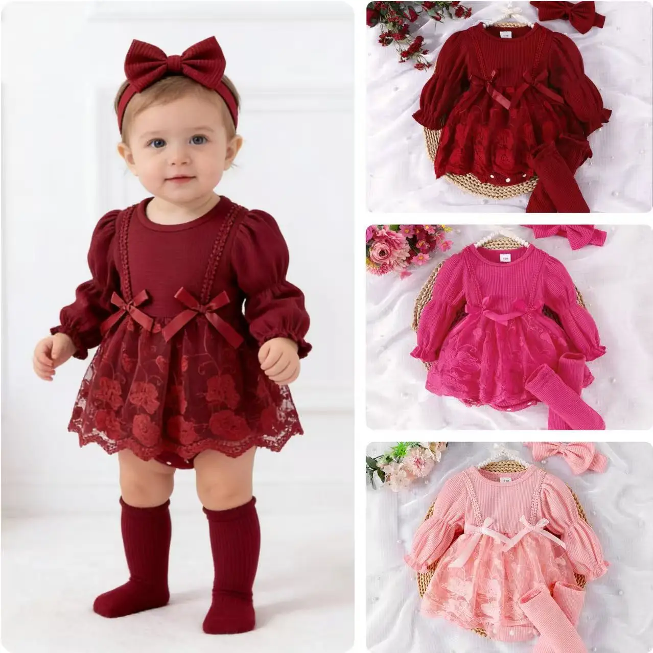 

Комплект из 3 предметов для новорожденных девочек: весенний комплект с длинными рукавами-фонариками, однотонное боди + носочки + повязка на голову с бантом для фотосессии