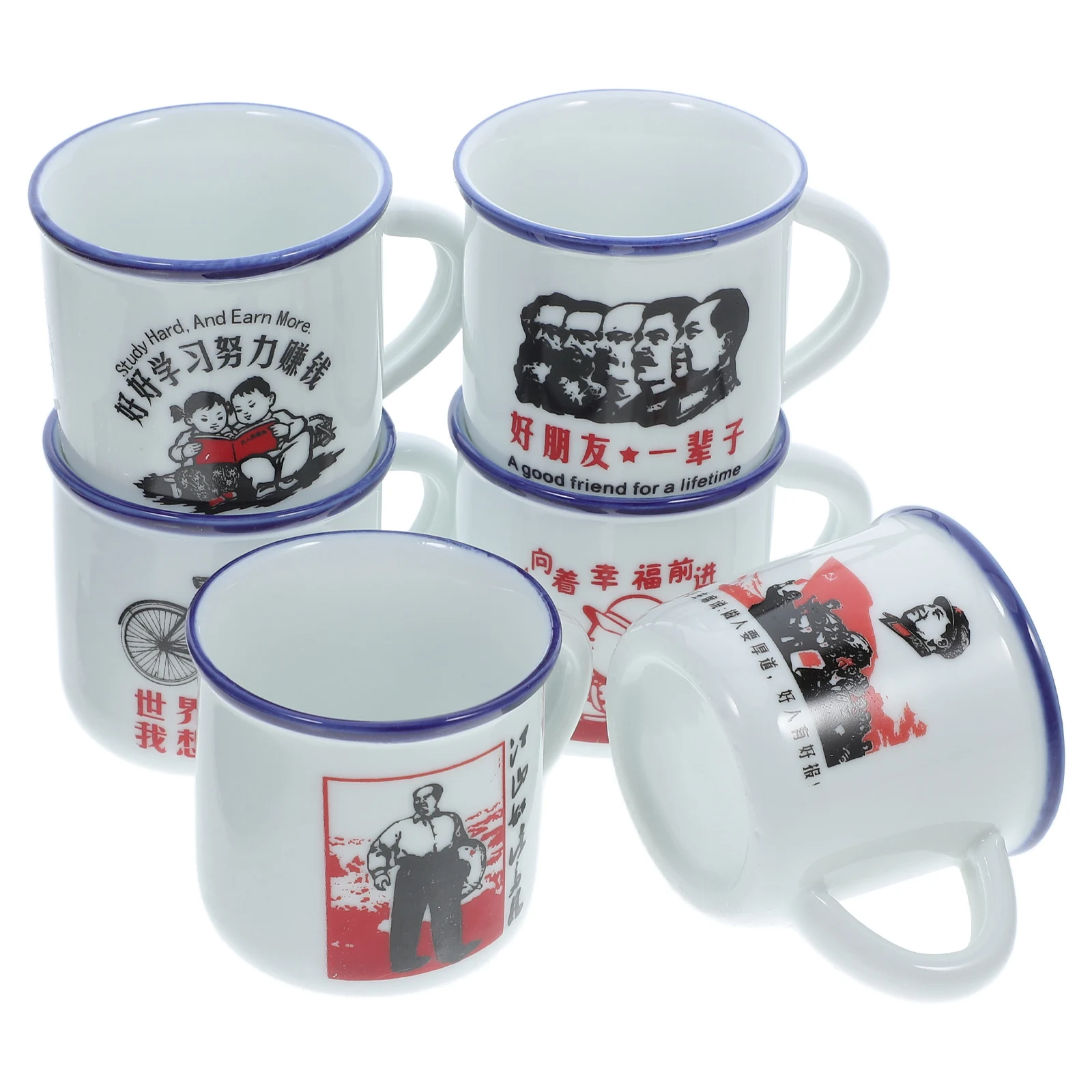 

6Pcs Retro Enamel Mug Classic Style Anti-Slip Handle Heat Insulated Vintage Water Cup for Home Bedroom Use Enamel Cup