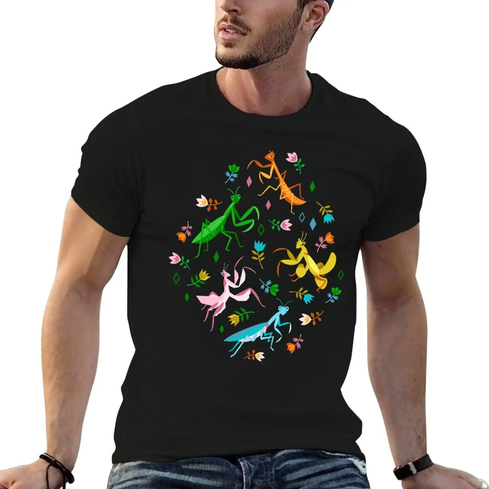 An Unordinary Array of Praying Mantises - Black T-Shirt Work Short Sleeve Cotton Top