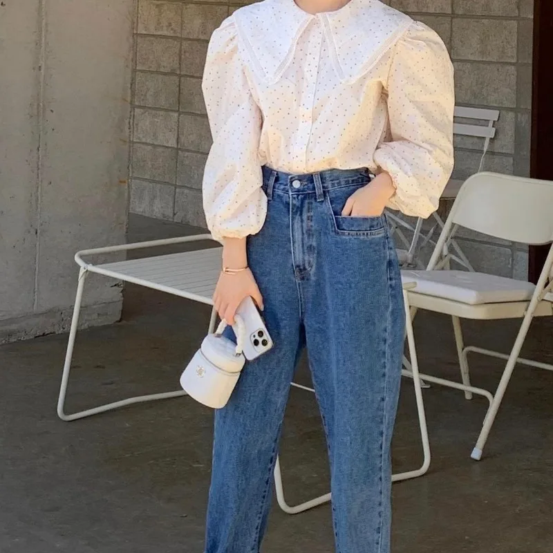 Wiosna Lato Damskie 100% Bawełna Kropki Słodka Bluzka Kołnierzyk Piotruś Pan Koronkowe Patchworkowe Koszule Damskie Topy 2025