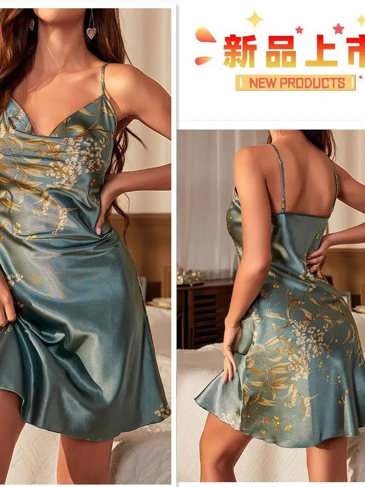 Sexy Backless Camisole Dress Women's Silk Nightdress Casual Homewear Summer Ice Silk Backless Deep V Sleeveless Dress Charm O4JI