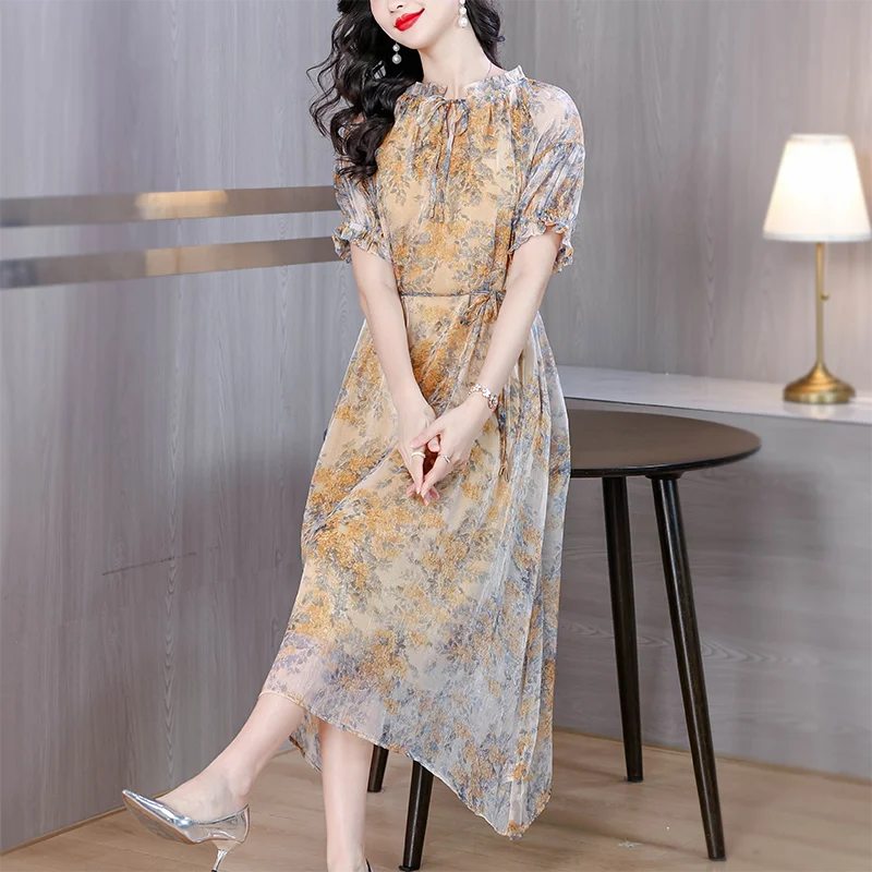 فستان ميدي فضفاض عتيق موديل 2025 فستان صيفي نسائي شيفون فاخر للشاطئ فساتين حريرية أنيقة غير رسمية للحفلات الليلية #4