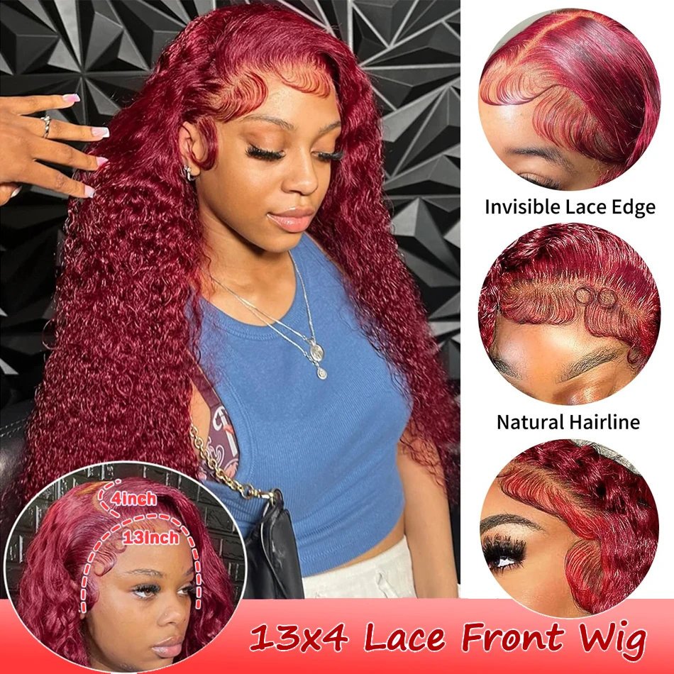 Perruque Lace Front Wig Deep Wave Naturelle Bouclée, Cheveux Humains, Bordeaux 99J, 13x4, 13x6, pour Femme Africaine