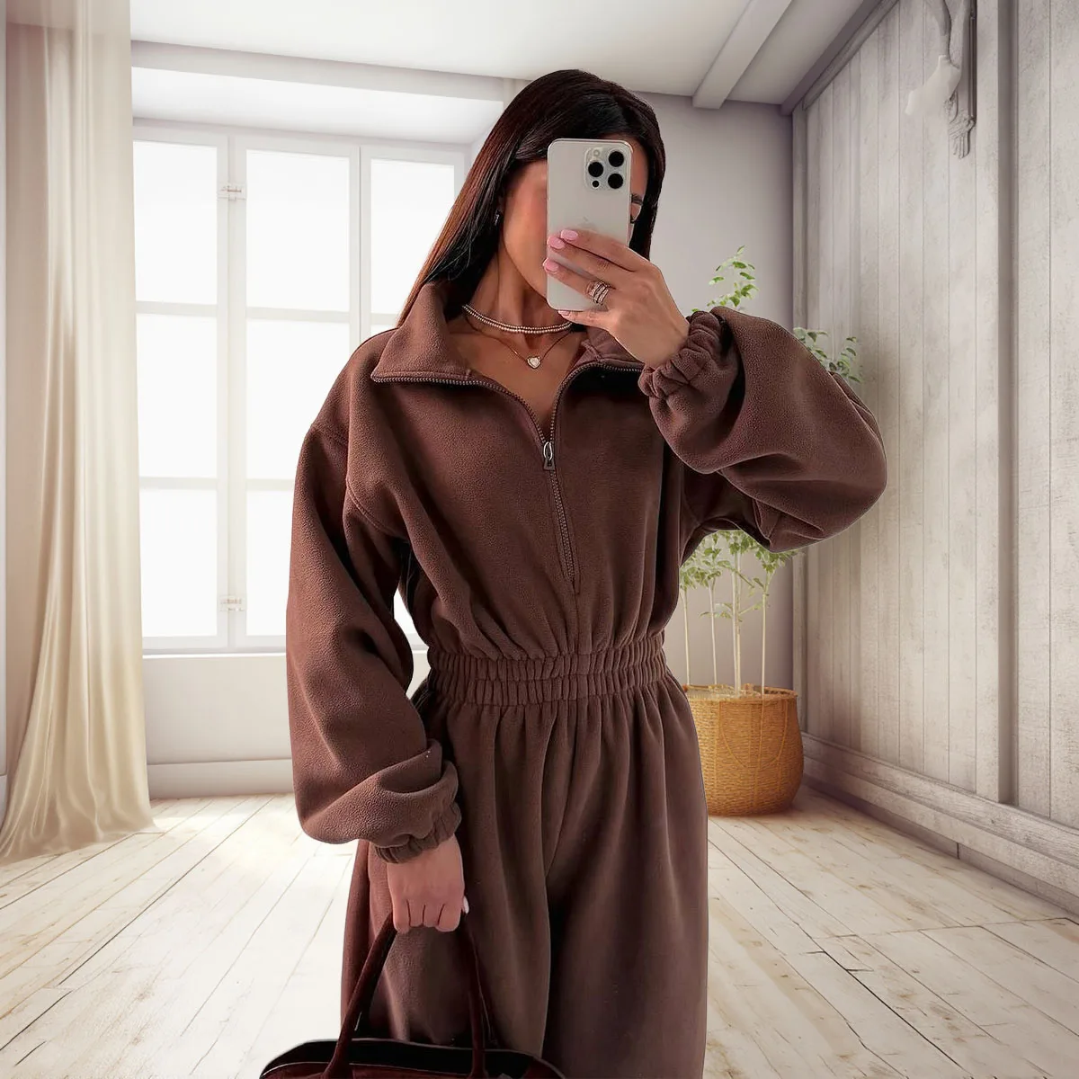 여성용 패셔너블하고 캐주얼한 롱 점프수트, 지퍼 팬츠로 봄, 가을, 겨울에 편안하게 착용 가능