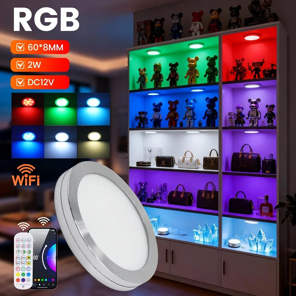 12V Tuya WIFI RGB LED Under Cabinet Light Bluetooth Remote Control Dimmable Puck Light Festival Kitchen Counter Furniture Decor