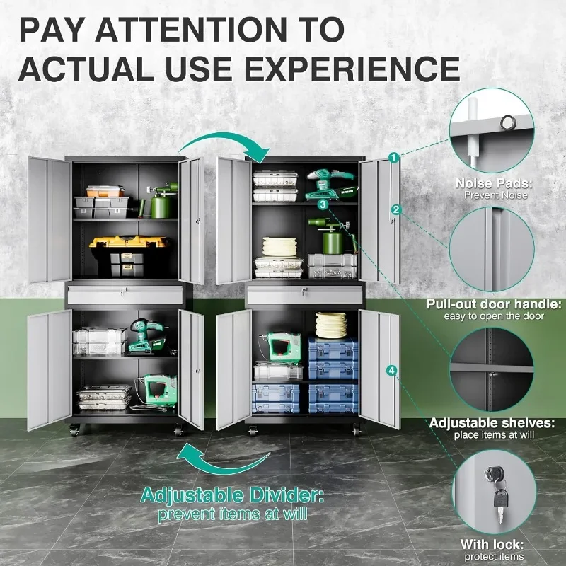 خزانة تخزين جراج معدنية جديدة مع أبواب قفل وأرفف قابلة للتعديل مع 4 عجلات ودرج واحد، وخزانة جراج متدحرجة #5