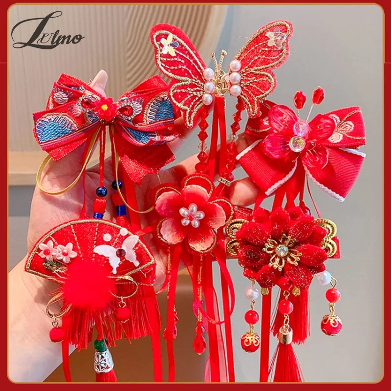 Chinese Style Children\'s New Year Kawaii Hair Clips Cheongsam Hanfu Hair Accessories Cosplay Hair Ball Hair Clip Red Tassel