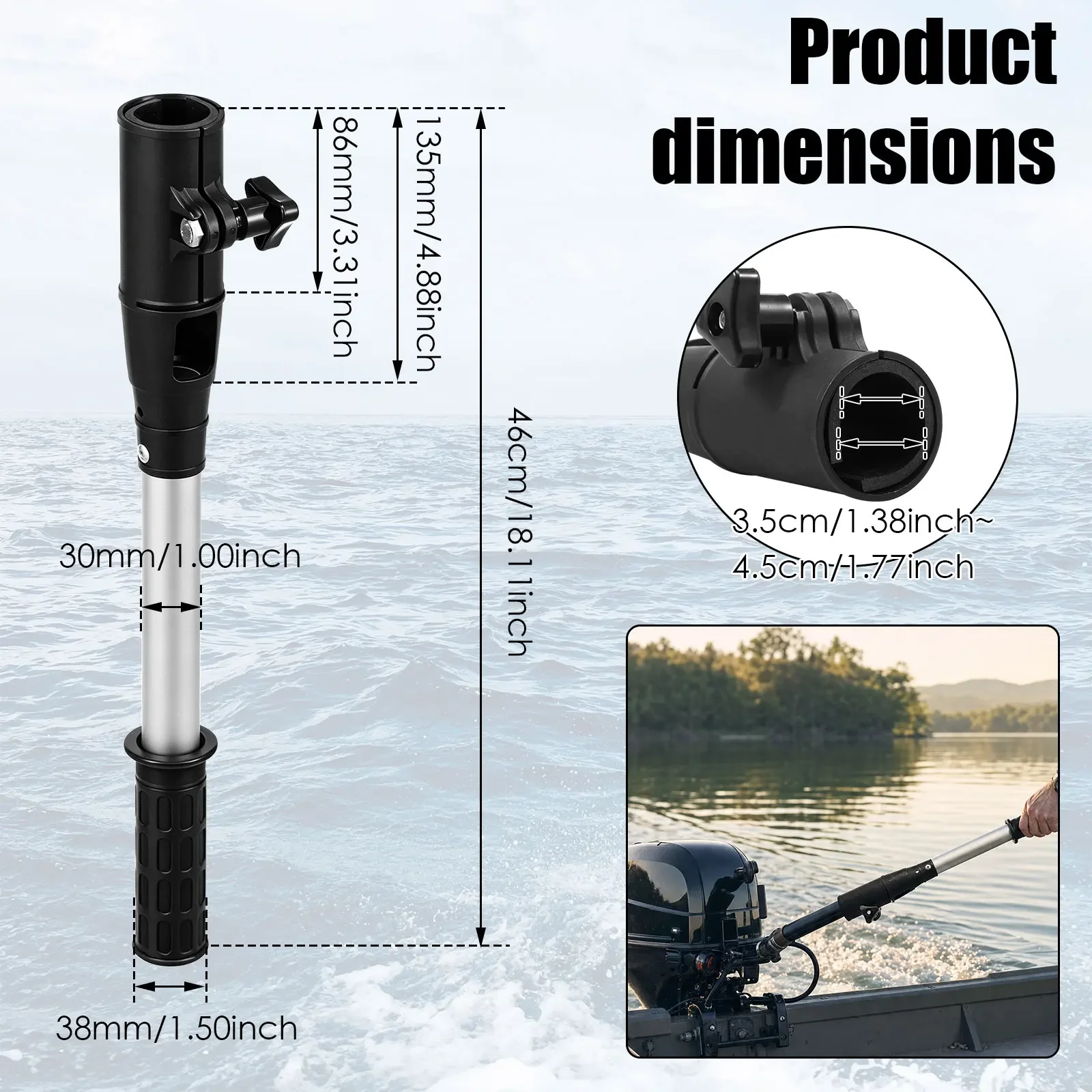 18 Inch Outboard Motor Tiller Extension Handle Aluminum Telescoping Boat Extension Bar for 35-40mm Tiller Trolling Motor
