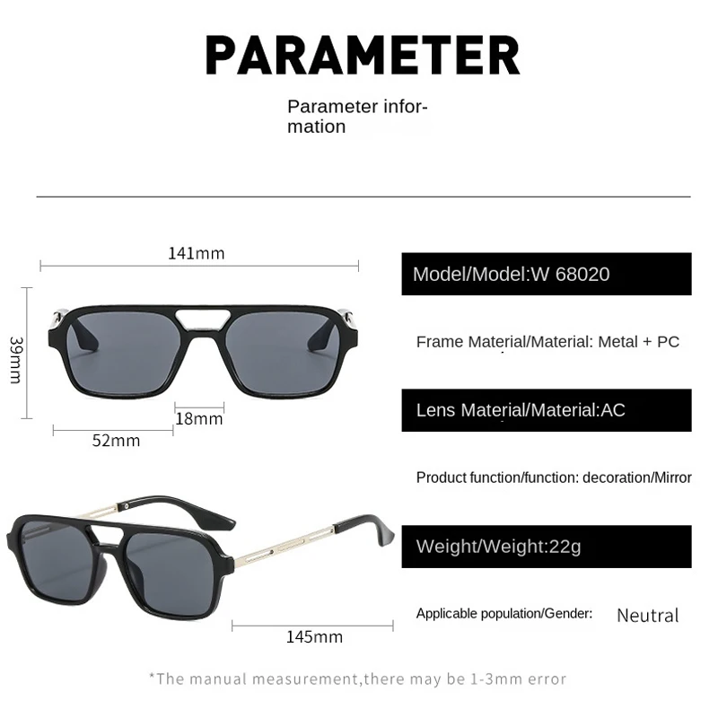 Okulary przeciwsłoneczne w stylu retro z kwadratową ramką dla mężczyzn i kobiet z tymi samymi europejskimi i amerykańskimi okularami przeciwsłonecznymi z podwójną wiązką Trend do noszenia dekoracyjnych
