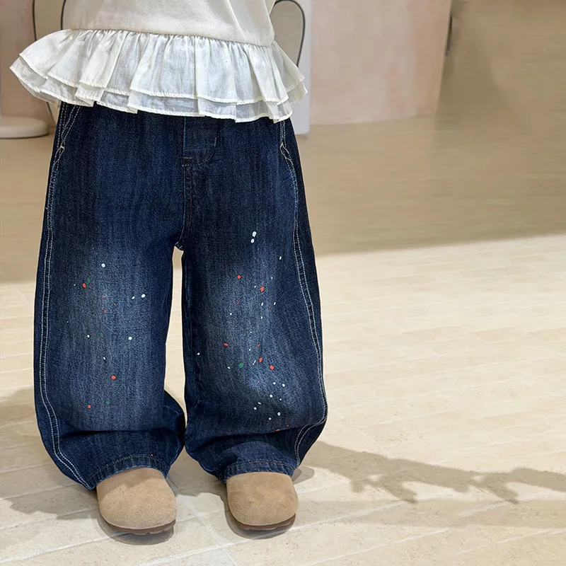Girls' Art Splash Ink Color Dot Jeans Girls' Personality Fun Loose Color Contrast Bright Thread Casual Pants