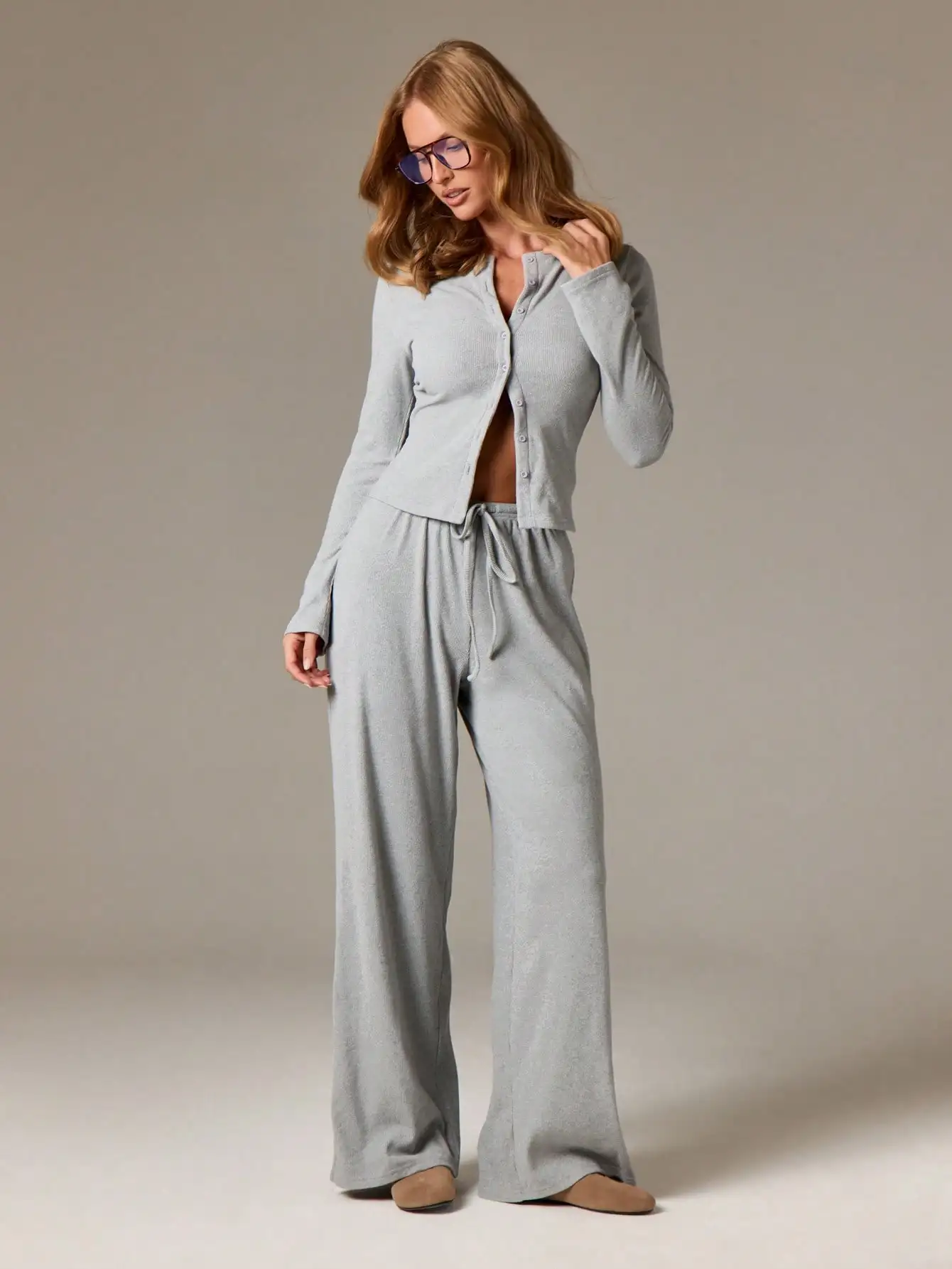 

Women's Half Button Ribbed Loose Set, Grey, Soft Loungewear Casual Wide-Leg Pants Two-Piece Outfit