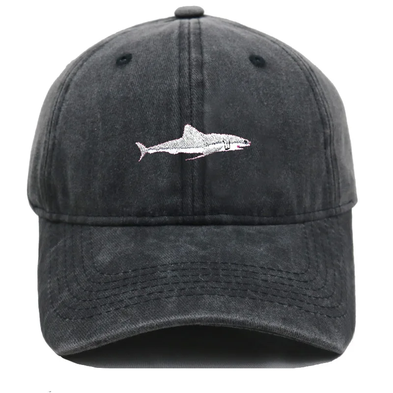 1pc Vintage Washed Shark Embroidery Baseball Cap Unisex Adjustable Curved Brim Dad Hat Ocean Animal Lover Casual Outdoor Sun Hat