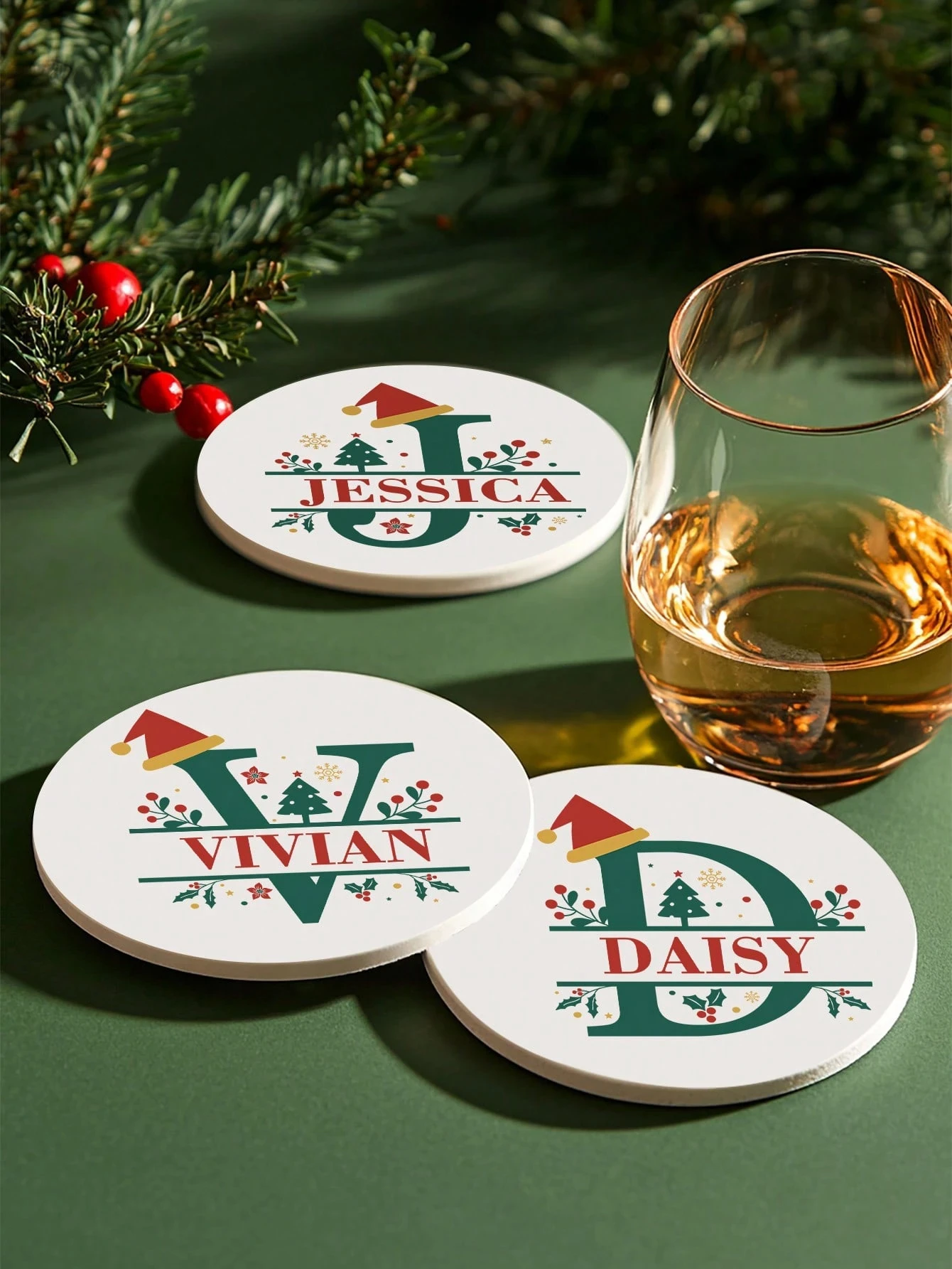 1pc Personalized Christmas Letter Shape Ceramic Coaster,Custom Name And Letter Design,Holiday Gift Essential,Christmas Decor