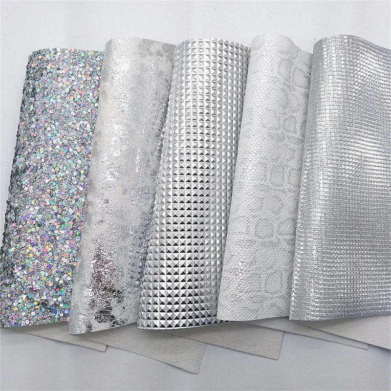 Iridescent Silver Glitter Leather Sheets Grids Textured Glitter Metallic Snake Synthetic Leather Vinyl For Bow DIY 21x29CM Q1641