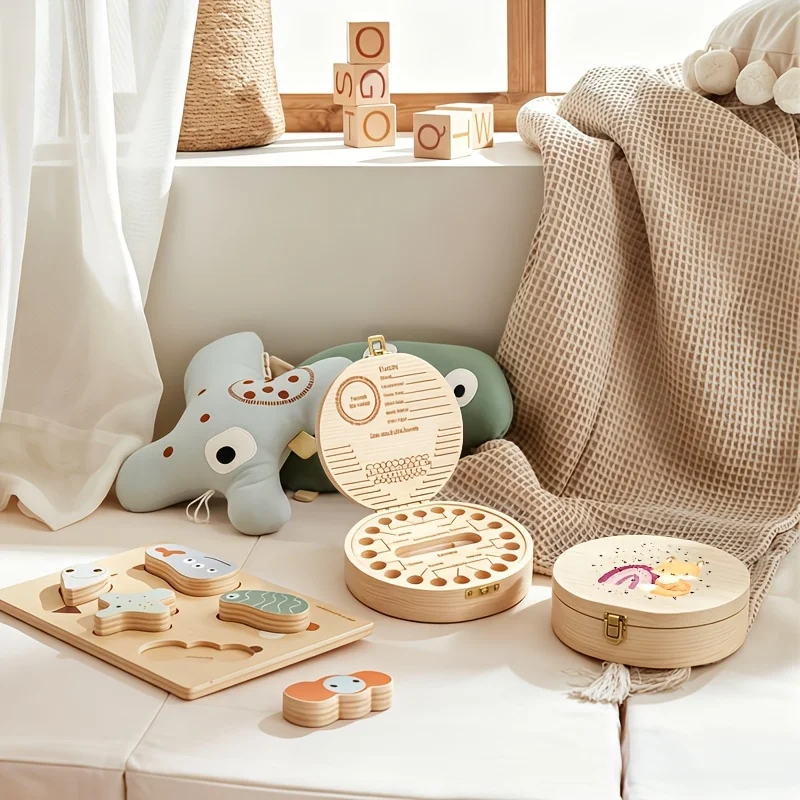 2D Wooden Tooth Keepsake Box Animals Rainbows Pattern Wooden Storage Teeth Hair Birth Souvenir Birthday Gift Baby Teeth Box