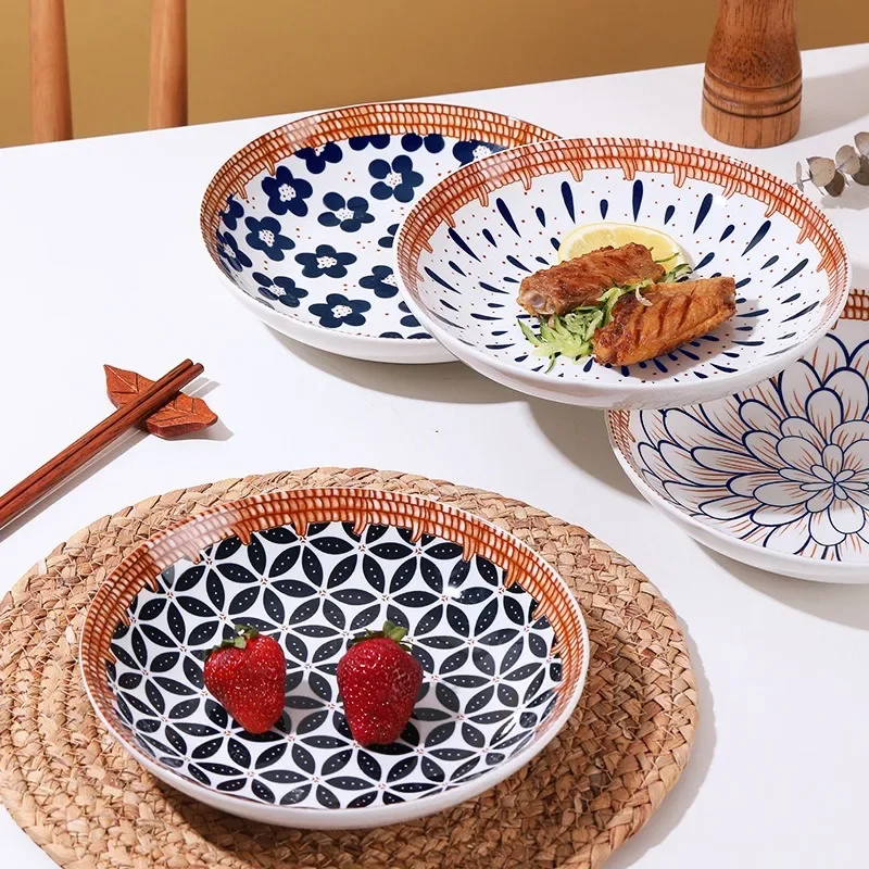 8 Inch Rattan Braided Pattern Porcelain Plate Hand Painted Underglaze Glaze High Temperature Fired Ceramic Household