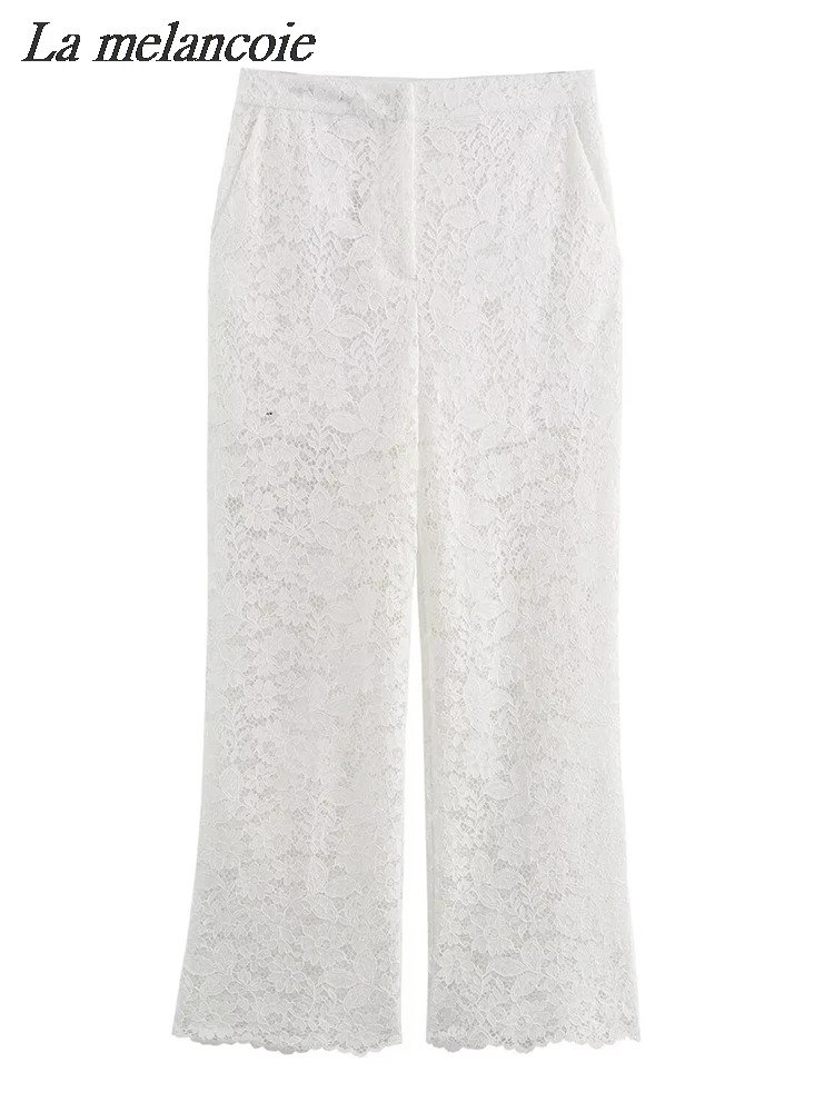 Privé Elegant Plaid Pattern Lace Trim Crop Top And Wide Leg Pants Set For Women