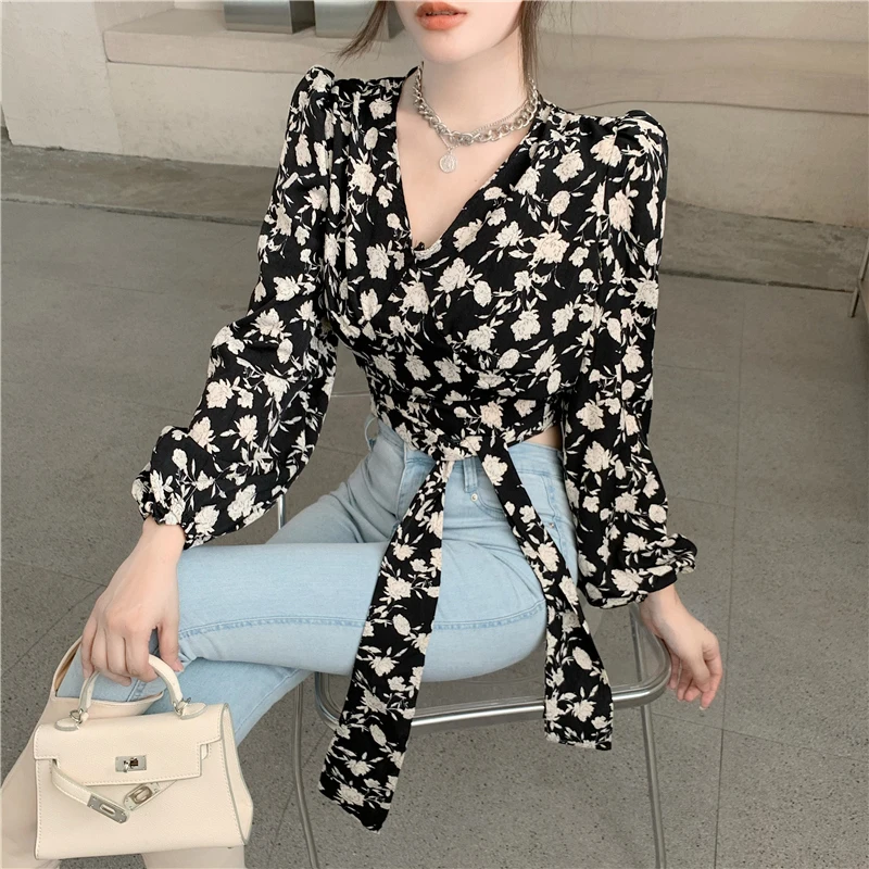 Y2k Floral Print Women Shirts Korean Elegant Slim Lace Up Female Blouse Autumn New V Neck Office Ladies Crop Tops