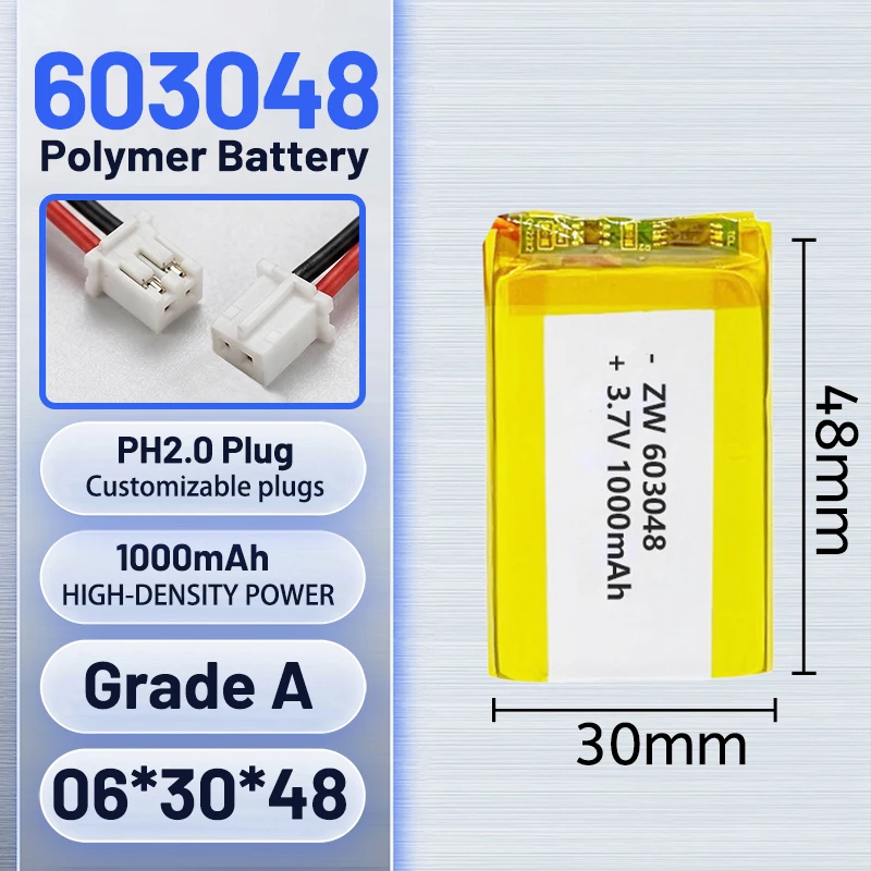 603048 Polymer Lithium Battery 3.7 V 1000mAh +PH 2.0mm Plug for MP3 GPS DVD Bluetooth Recorder Headset E-book Camera
