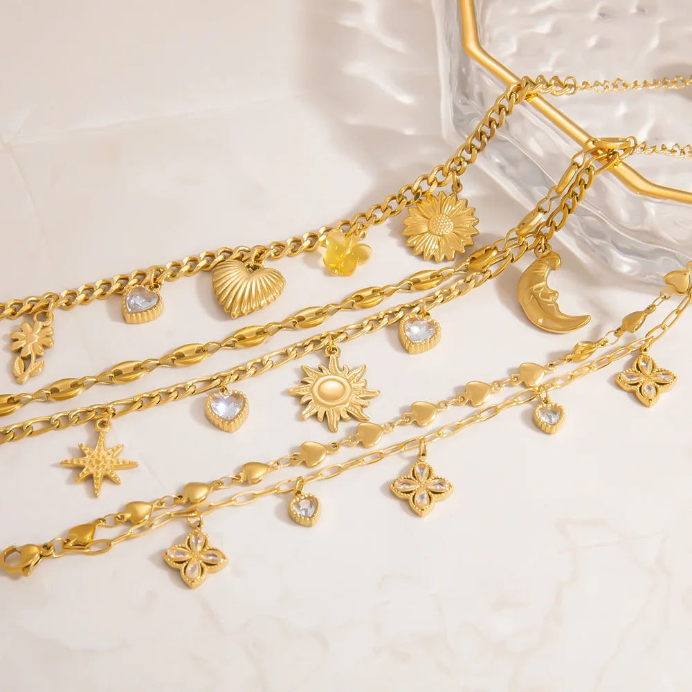 

Stainless Steel Bracelet Handmade DIY Personalized Titanium Steel Sun Heart Four Leaf Pendant Bracelet for Woman Gift No Fading