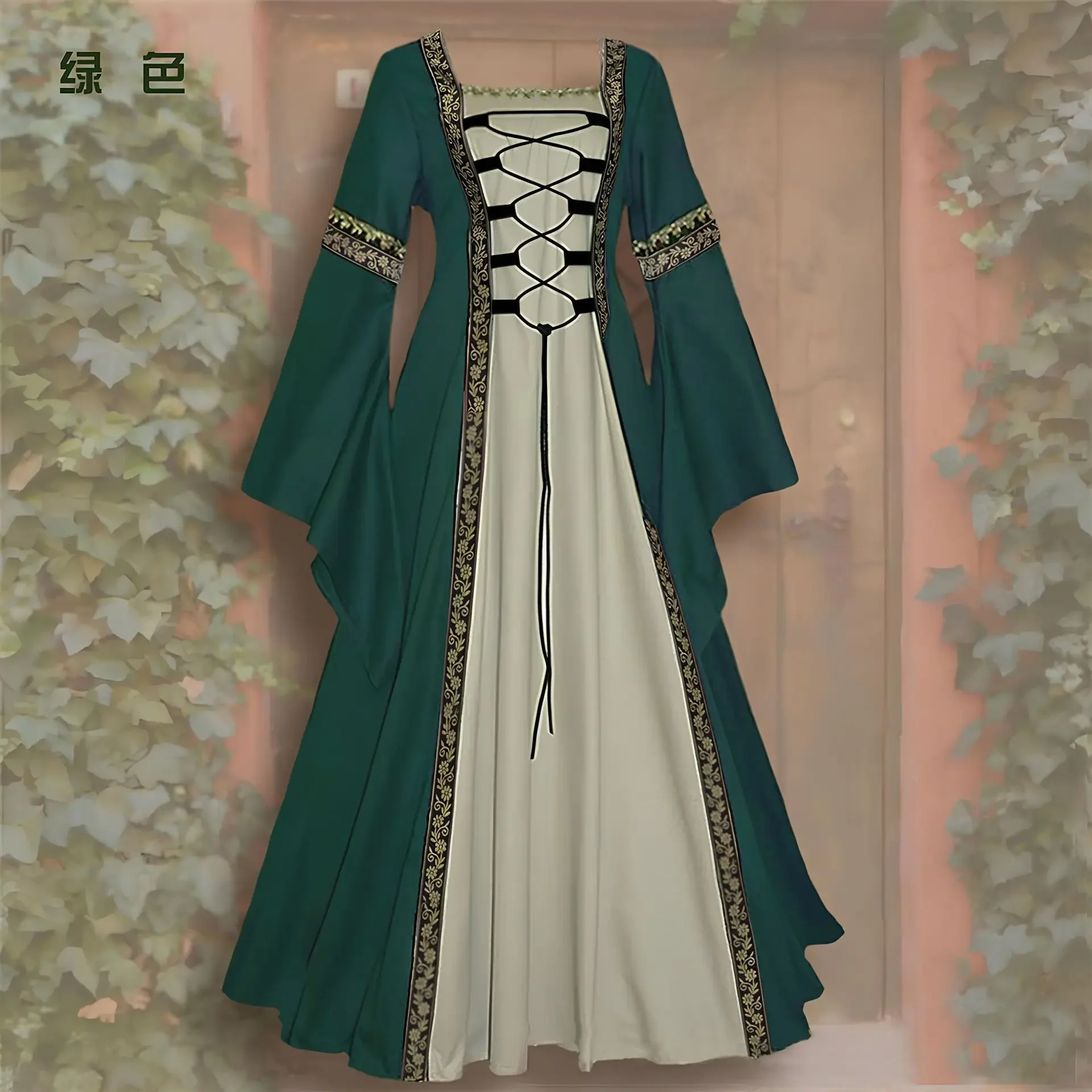 

2023 European and American Square Collar Horn Sleeve Long Dress Gothic Retro Women's Clothing Medieval Court Robe Large Size