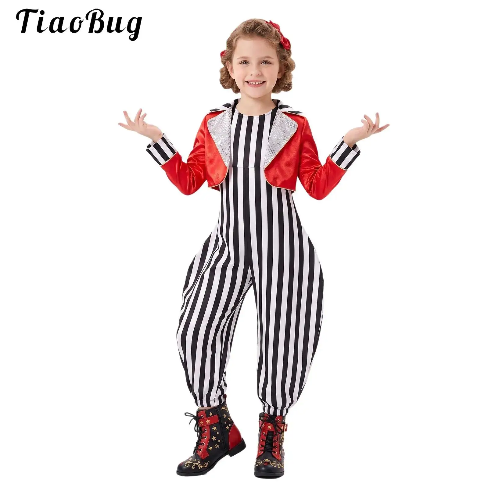 Disfraz de maestro de ceremonias de circo para niños y niñas, sin mangas, con cremallera trasera, mono a rayas con chaqueta de satén de manga larga con lentejuelas.
