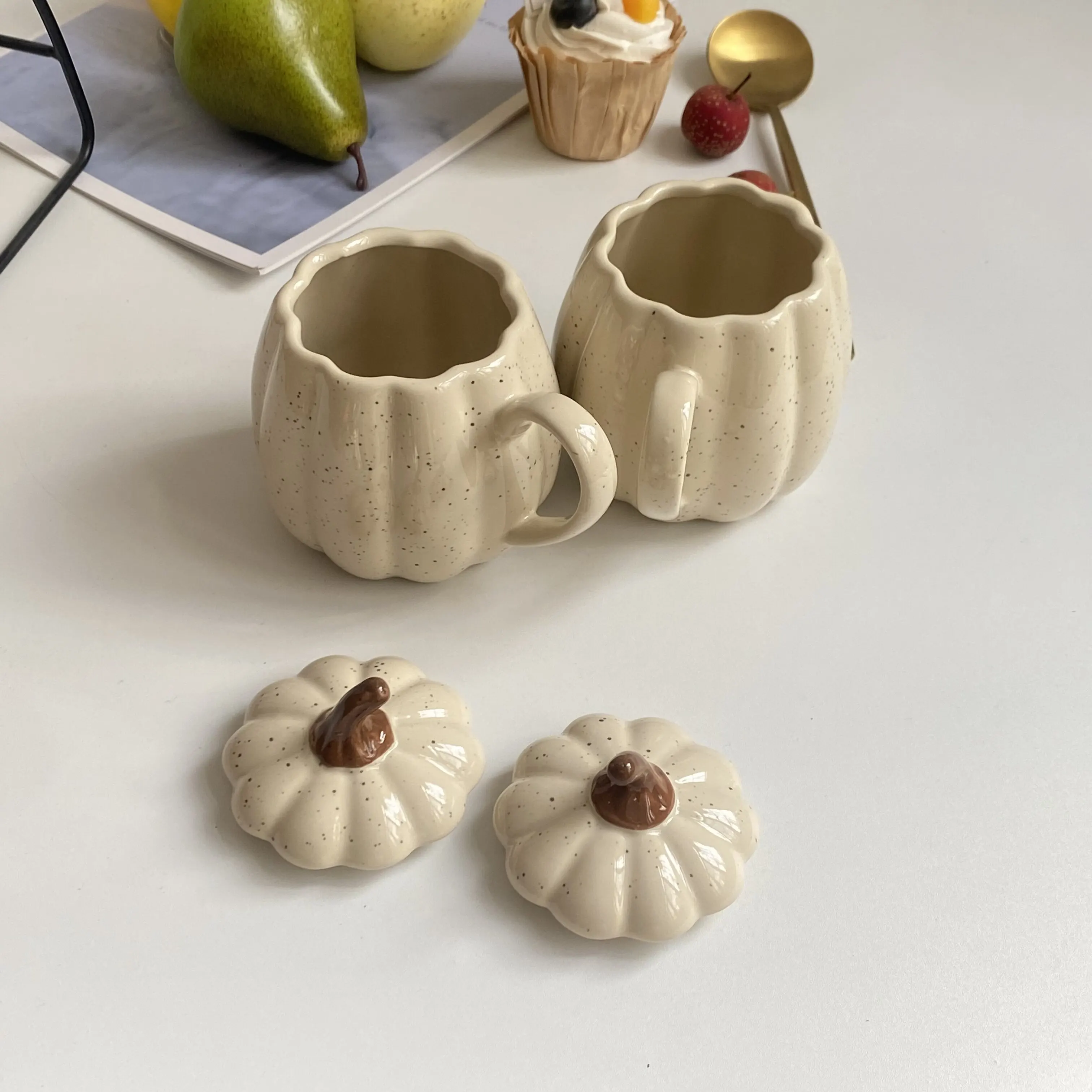 400ml Sesame Glazed Ceramic Water Mug with Covered Creative Pumpkin Shaped Household Mug and Lid Milk Cup High Beauty - view 5