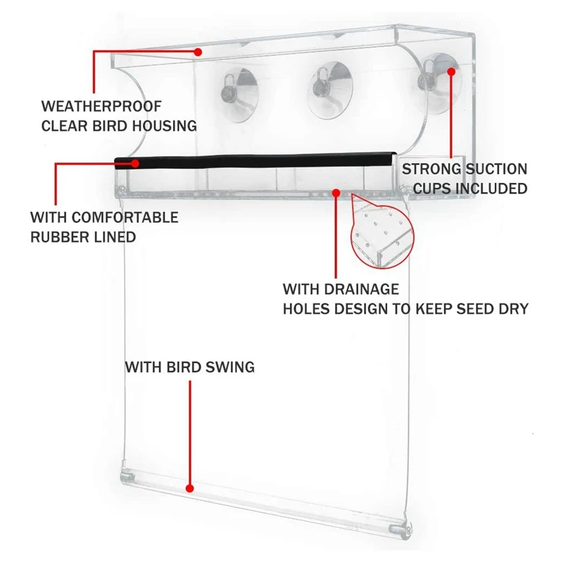 Window Bird Feeder Removable Seed Tray With Strong Suction Cups Drainage Holes For Up-Close Indoor Bird Watching Gifts