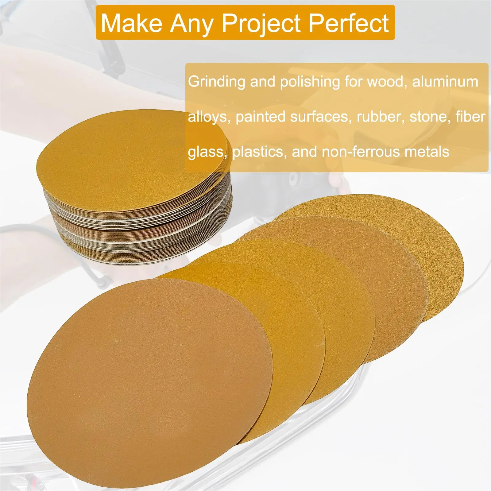 Kit di carta abrasiva in oro PSA DA 6 pollici 50 pezzi 80-400 Grit Hook & Loop per levigatrice DA levigatrice vernice automobilistica lavorazione del legno legno metallo