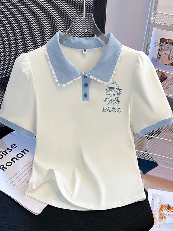 Short Sleeve  T-Shirt Female Summer Cotton Bubble Sleeve Turn-down Collar Printed Cute Style School Uniform Loose Fit Top