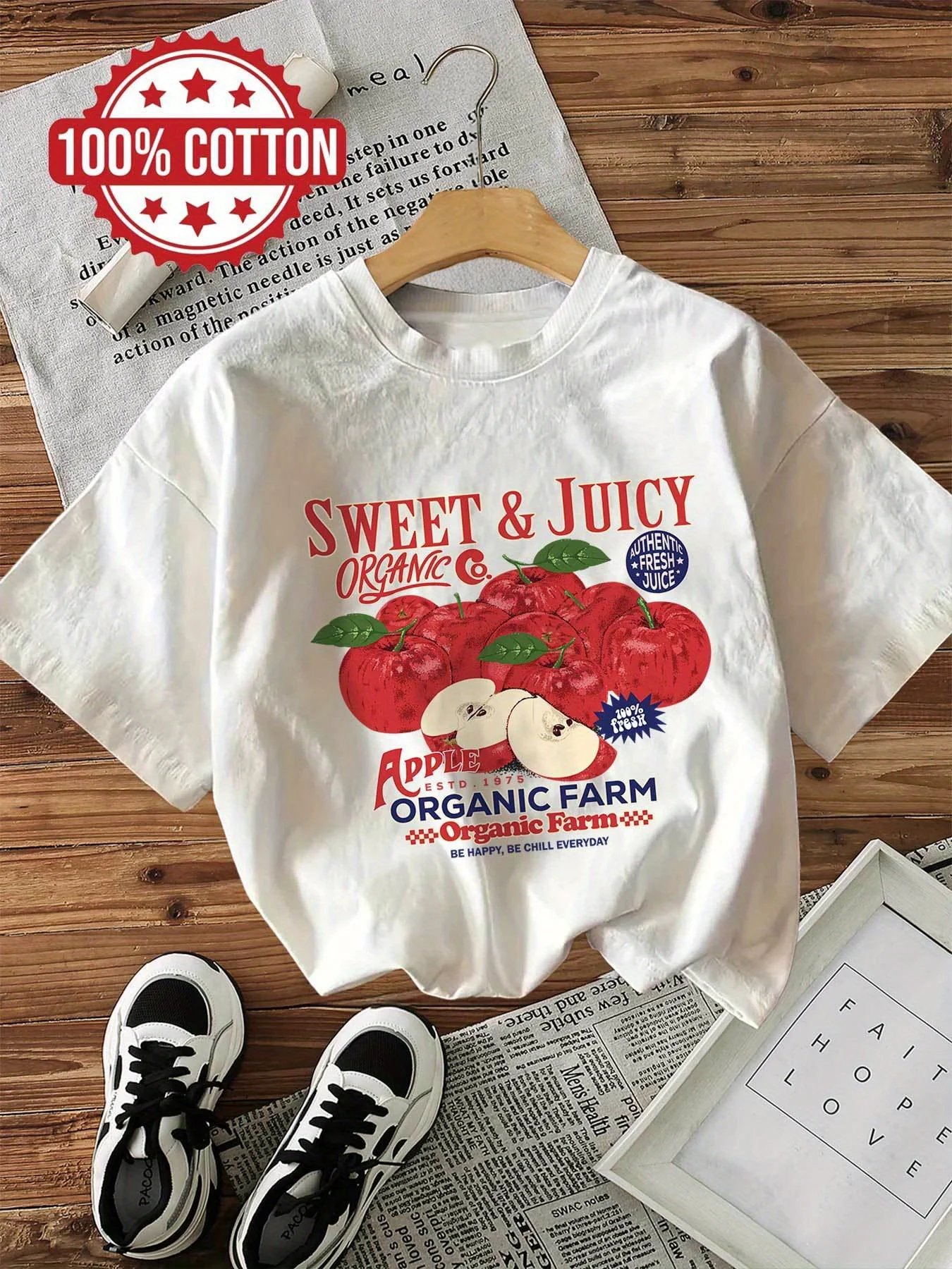 Damen-T-Shirt mit Vintage-Apfel-Print, Sweet & Farm-Grafik-Tops, lässig, Rundhalsausschnitt, kurzärmelig, T-Shirt im Retro-Stil, Damenbekleidung – Detail 3