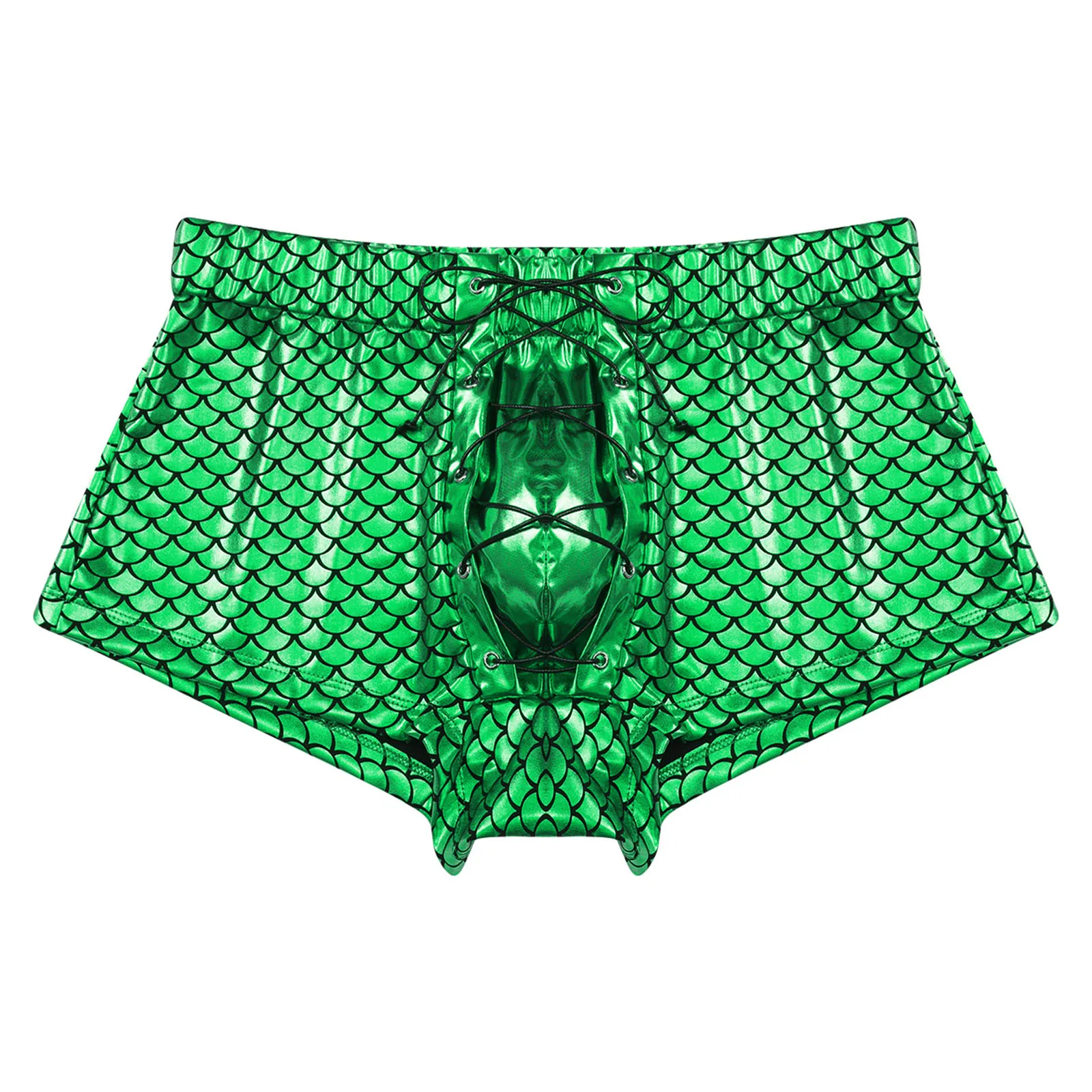 

Shiny Wet Look Fish Scale Mermaid Print Boxer Panties Mens Low Waist Metallic Boxer Short Underwear for Swim Beach Trunks