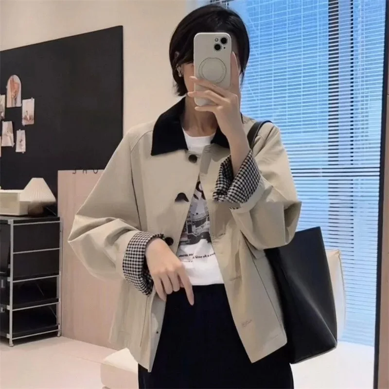 

Women Winter Coats Contrast Plaid Loose Single-breasted Khaki Trench Coat Casual Joker High-grade Short Coat Woman Coat Women