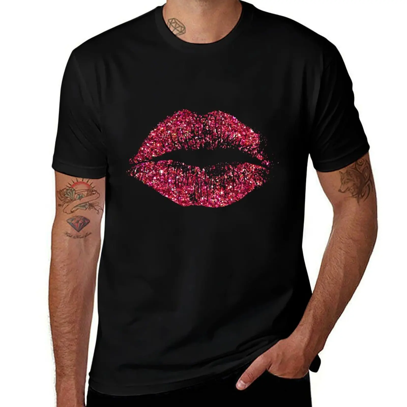 Stylish Red Glitter Lips T-Shirt Lightweight Sport Basic T-Shirt