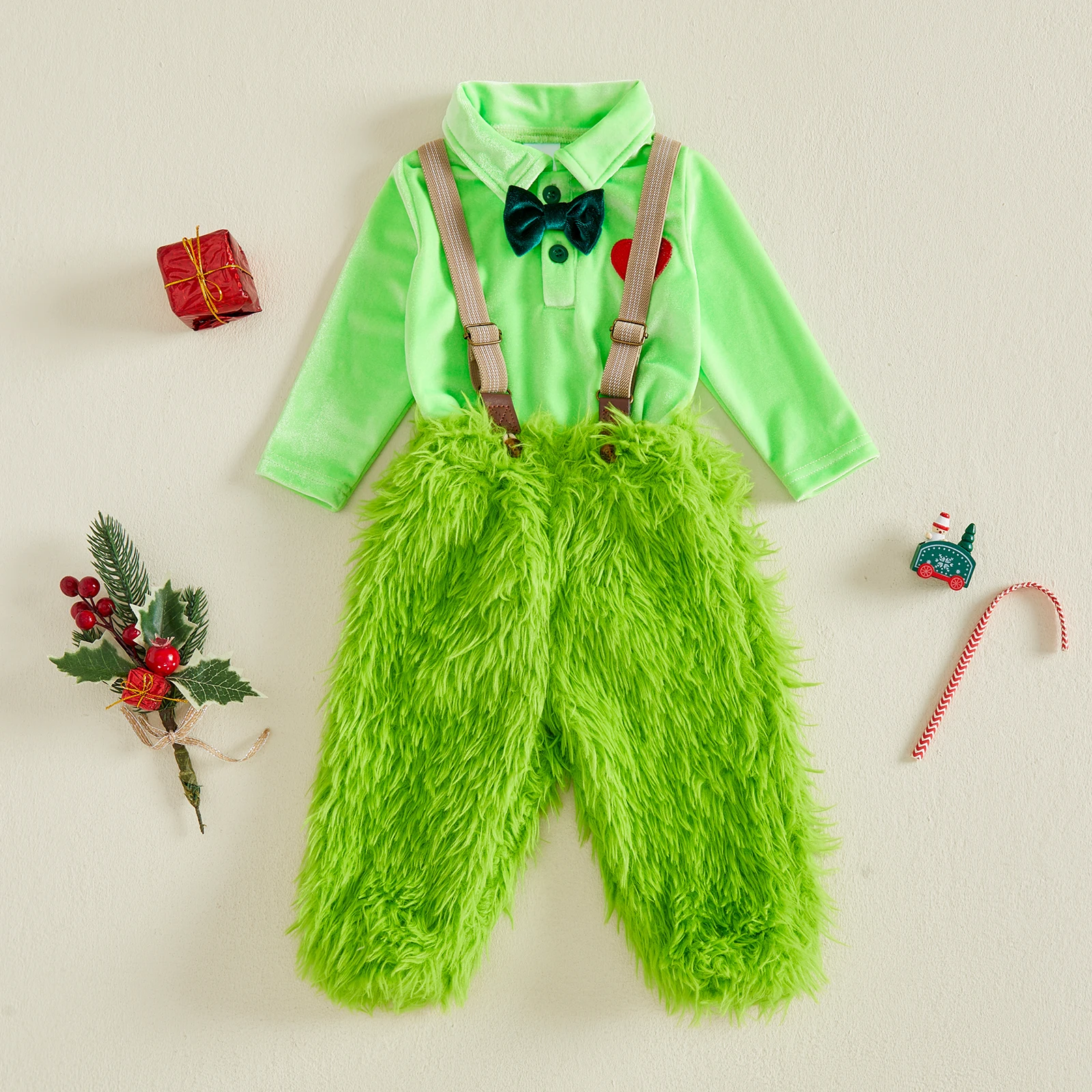 Newborn Infant Baby Boy Christmas Outfit Cute Heart Romper with Furry Suspender Pants Bow Tie for 0-18Months
