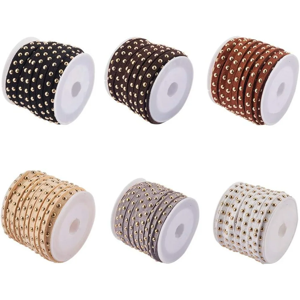 6 Rolls Flat Faux Suede Leather Lace 5mm Micro-Fiber Leather String Cord Beading Thread with Golden Tone Alloy Rivet for Punk