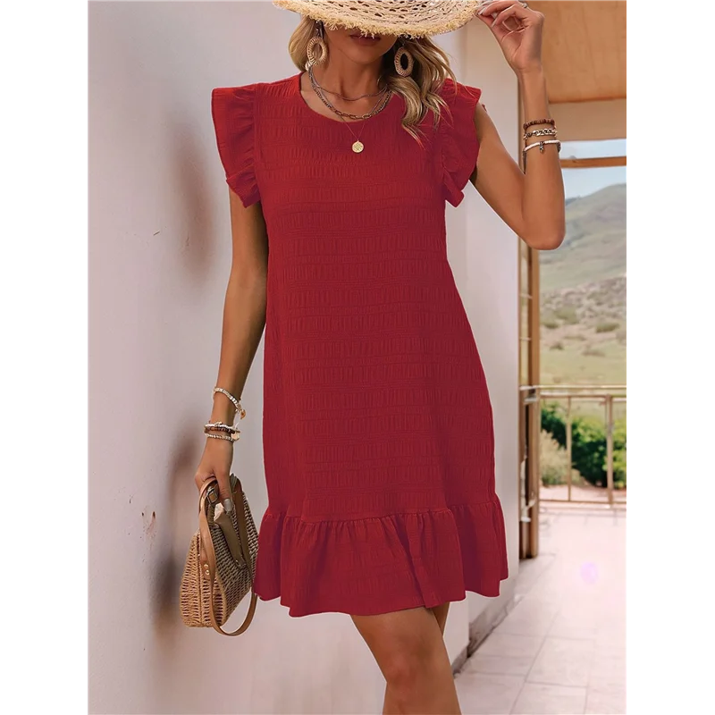 【Decorazione per feste】Vestiti estivi da donna, girocollo, maniche ad aletta, orlo con volant, mini abito grembiule casual