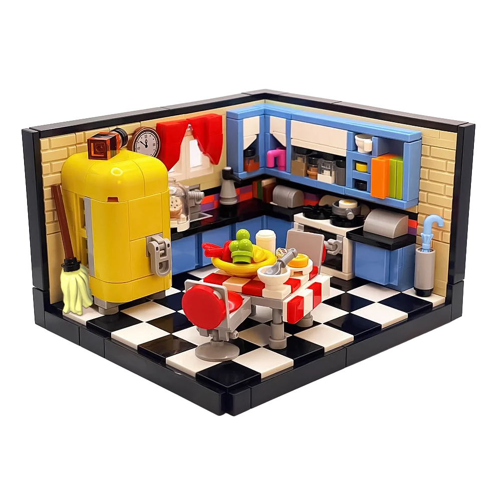 MOC Middle Century Kitchen Diorama Building Block Home Cooking Kitchen DIY Model Bricks Children's Handmade Toys Christmas Gifts