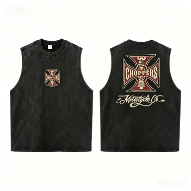 Urban Biker Sleeveless Tank, Washed Black Cross Print, Retro Motorcycle Inspired Streetwear Vest, Casual Fit