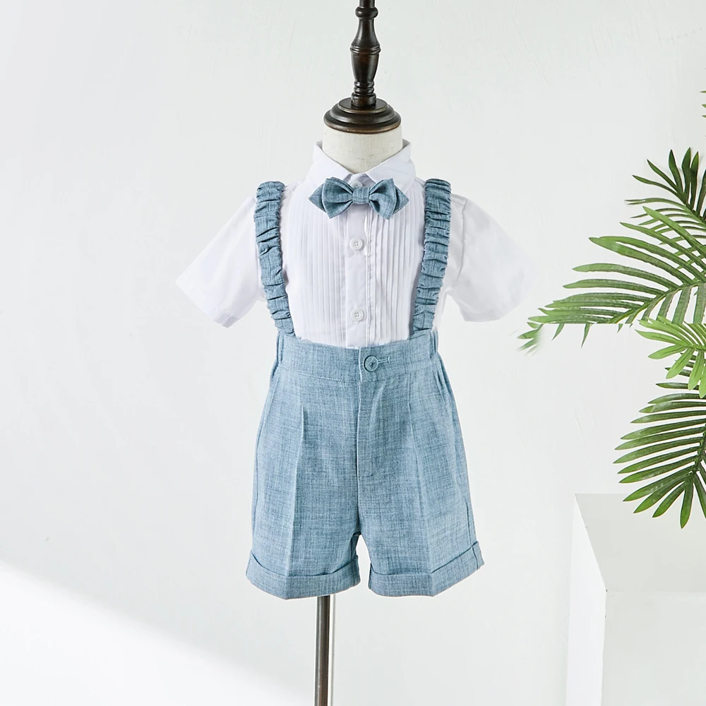 Boys Suit For Weddings Birthday Little Boy Gentleman Outfit Formal Suits Children Blue Coat Strap Shorts Bow Tie Clothes Set