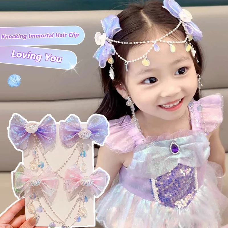 Cartoon Mädchen Haarspange Kinder Meerjungfrau Prinzessin Perlen Fransen Rosa Lila Schleife Stirnkette Haarnadel Feen Ohrhänger Accessoires – Detail 1
